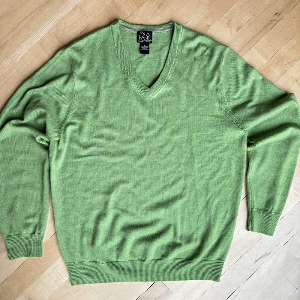 Jos. A Bank Travelers Merino Wool V Neck Sweater Large Green Preppy Academia